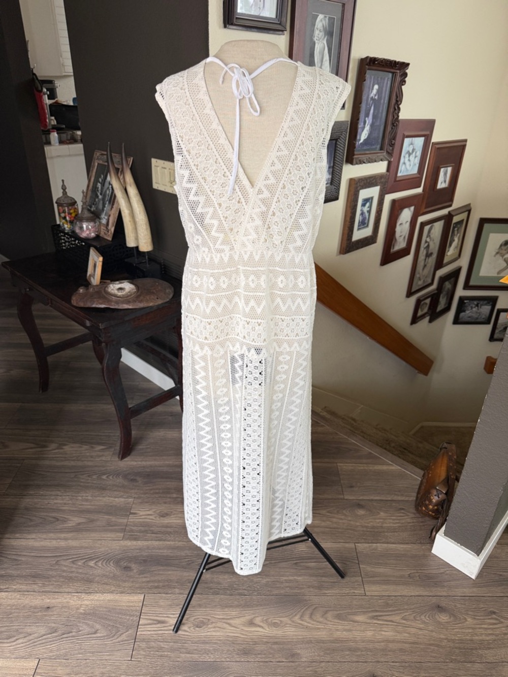 Womens White Crochet Maxi Dress - Deep V - Picture 4 of 8